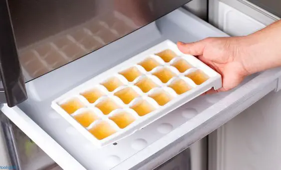 Frozen Lemon Juice cubes in tray in the freezer