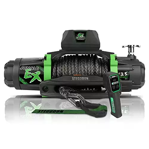 STEGODON New 13500 lb. Load Capacity Electric Winch Genesis,12V Synthetic Rope Electric Winch with Hawse Fairlead,Waterproof IP67 Winch with 2 in 1Wireless/Wired Handheld Remote(Jungle EX)
