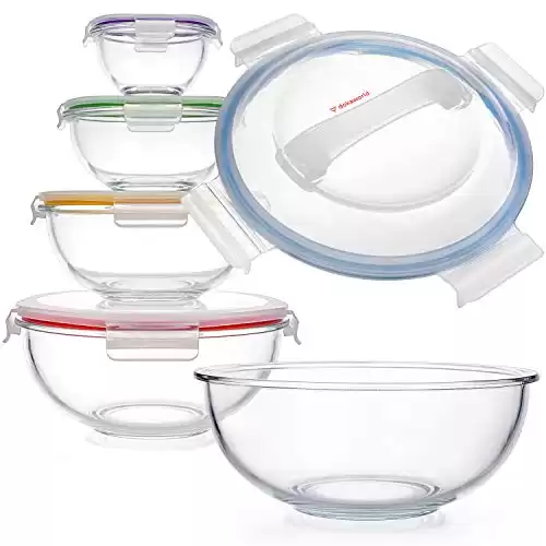 Glass Mixing Bowls - Nesting Bowls - Space-Saving Glass Bowls With Lids Food Storage - Set of 5 Stackable Microwave Glass Containers - Glass Storage Bowls With Lids Bpa Free - Glass Bowls For Cooking