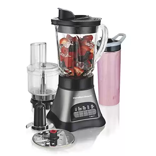 Hamilton Beach Blender and Food Processor Combo, Portable Blend-In Travel Cup, Shakes and Smoothies, 40oz Jar & 3-Cup Vegetable Chopper, Grey & Black (58163)
