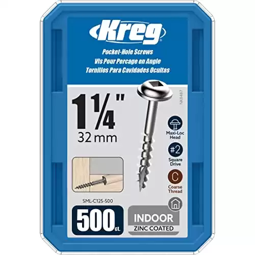 Kreg SML-C125 - 500 Zinc Pocket Screws, 1-1/4 Inch #8Coarse Thread, Maxi-Loc Head (500 Count)