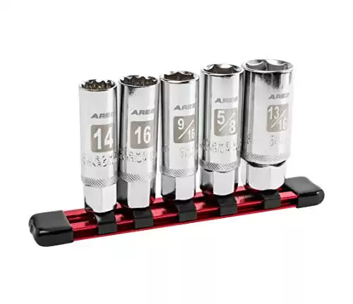 ARES 11016 - 5-Piece Magnetic Spark Plug Socket Set - Includes 14mm and 16mm Thin Wall Sockets and 9/16-inch, 5/8-inch, and 13/16-inch Sockets - Convenient Reusable Storage Rail Included