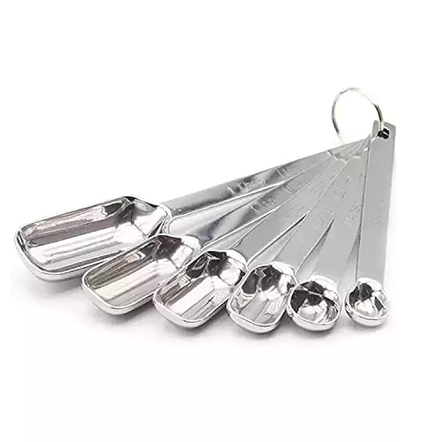 MEKBOK Heavy duty stainless steel metal measuring spoon for dry or liquid, suitable for seasoning pot, perfect for baking and cooking-professional quality, engraved in US and metric sizes (6 pieces)
