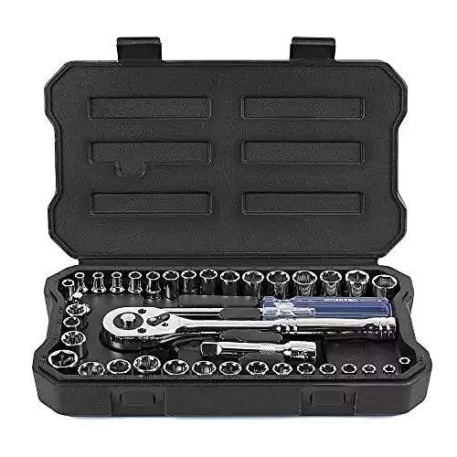 WORKPRO 39-Piece Drive Socket Wrench Set, 1/4-Inch & 3/8-Inch Small Sockets Set, 3/8" Ratchets, Extensions, Spinner Handle & Adapter, Mechanics Tool Set with Tool Box, for Repairing, Metr...