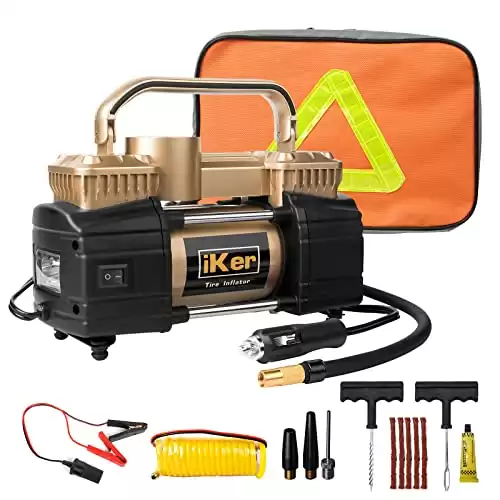 iKer Portable Air Compressor Heavy Duty Tire Inflator for Car, Truck, SUV,12V 70L/Min Double Cylinders Metal Air Pump 150PSI with LED Work Lights,11.5ft Extension Air Hose and Tire Repair Kit