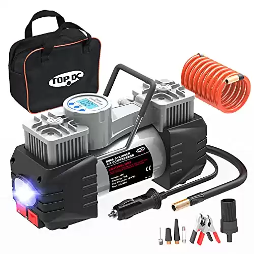 TOPDC Dual Cylinder Air Compressor Heavy Duty Metal Tire Inflator, Portable Digital Tire Pump,12V DC 100PSI with Battery clamp and 2M Extension Air Hose,for Car Tires/SUV/Truck/Bike/Air Bed/Basketbal
