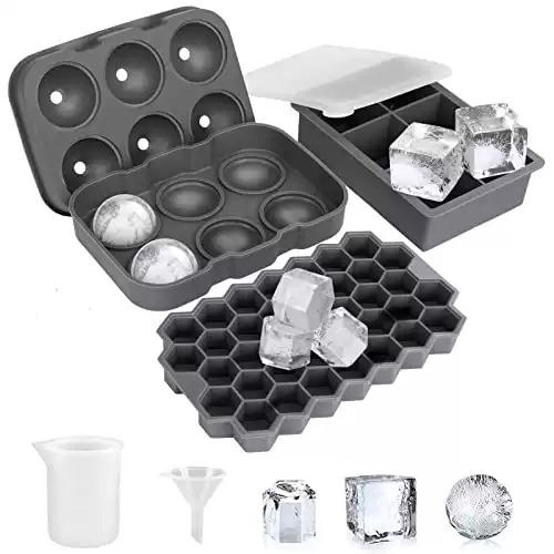 Ice Cube Tray, AiBast Ice Trays for Freezer With Lid, 3 Pack Silicone Large Round Ice Cube Tray, Sphere Square Honeycomb Ice Trays for Whiskey With Covers&Funnel, Reusable Whiskey Ice Ball Mold Gr...