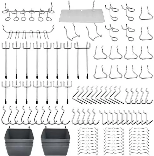 FRIMOONY Pegboard Hooks Assortment with Pegboard Bins, Peg Locks, for Organizing Various Tools, 140 Piece