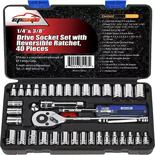 40 Pieces - EPAuto 1/4-Inch & 3/8-Inch Drive Socket Set with 72 Tooth Reversible Ratchet